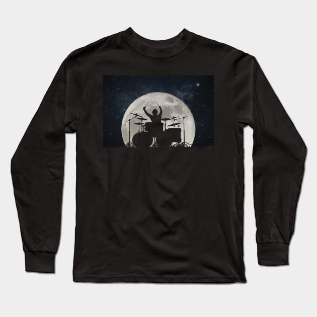 Drummer Playing Drums In Moon Space Solar System Long Sleeve T-Shirt by mrsmitful01